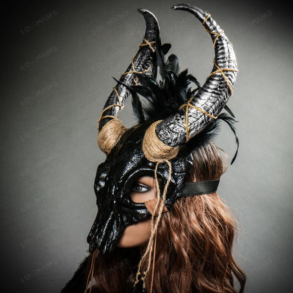 Antelope Devil Silver Horns Animal Skull Ghost Masquerade Mask - Black - Picture 9 of 10